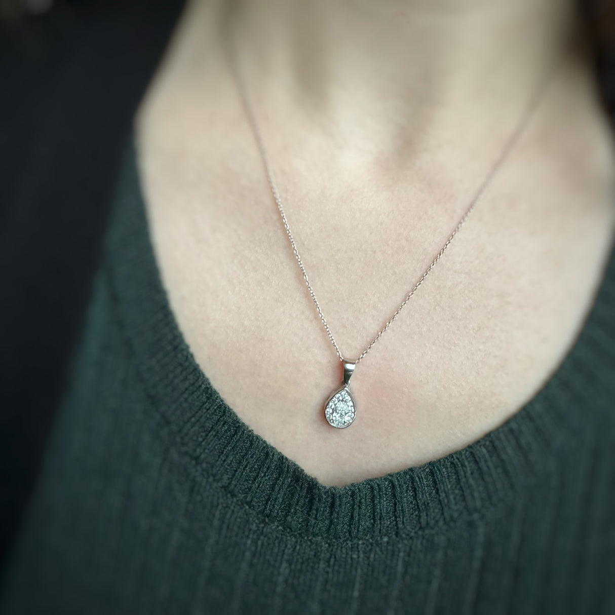 GIA Certified Platinum Pear Shape Diamond Halo Pendant 0.44ct on a Platinum Chain