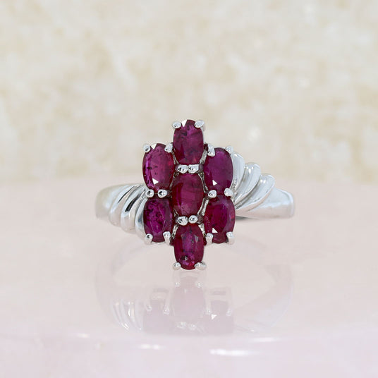 Pre Owned 9ct White Gold Oval Ruby Flower Cluster Ring
