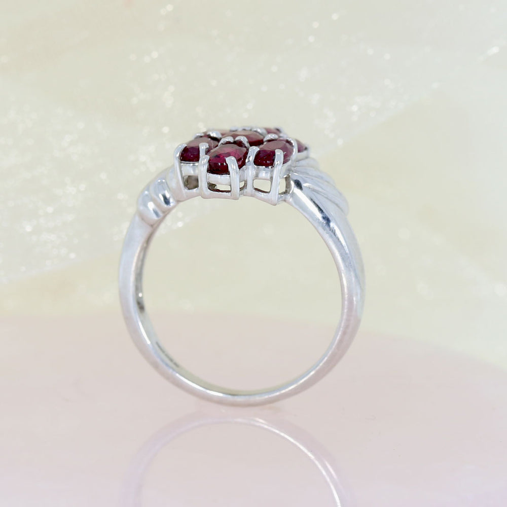 Pre Owned 9ct White Gold Oval Ruby Flower Cluster Ring