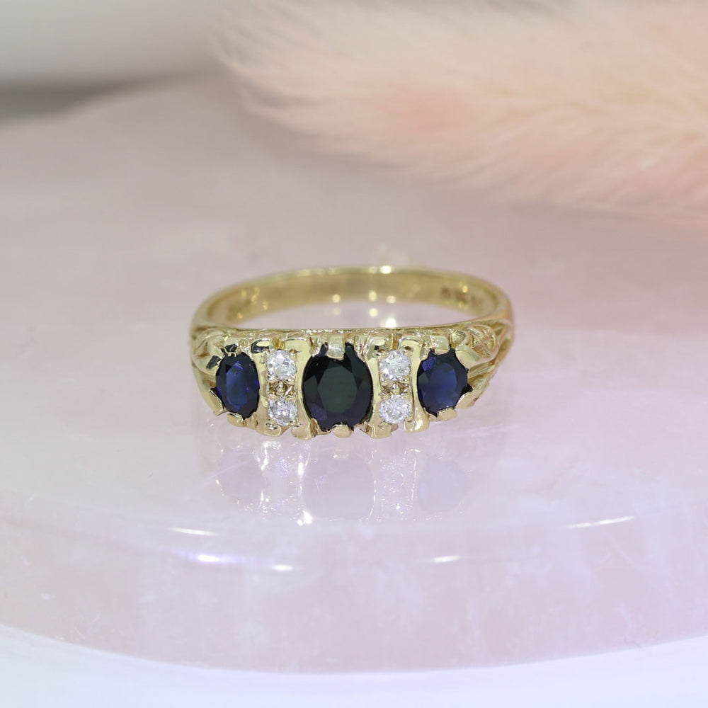 Pre Owned 9ct Yellow Gold Sapphire & Diamond Boat Ring