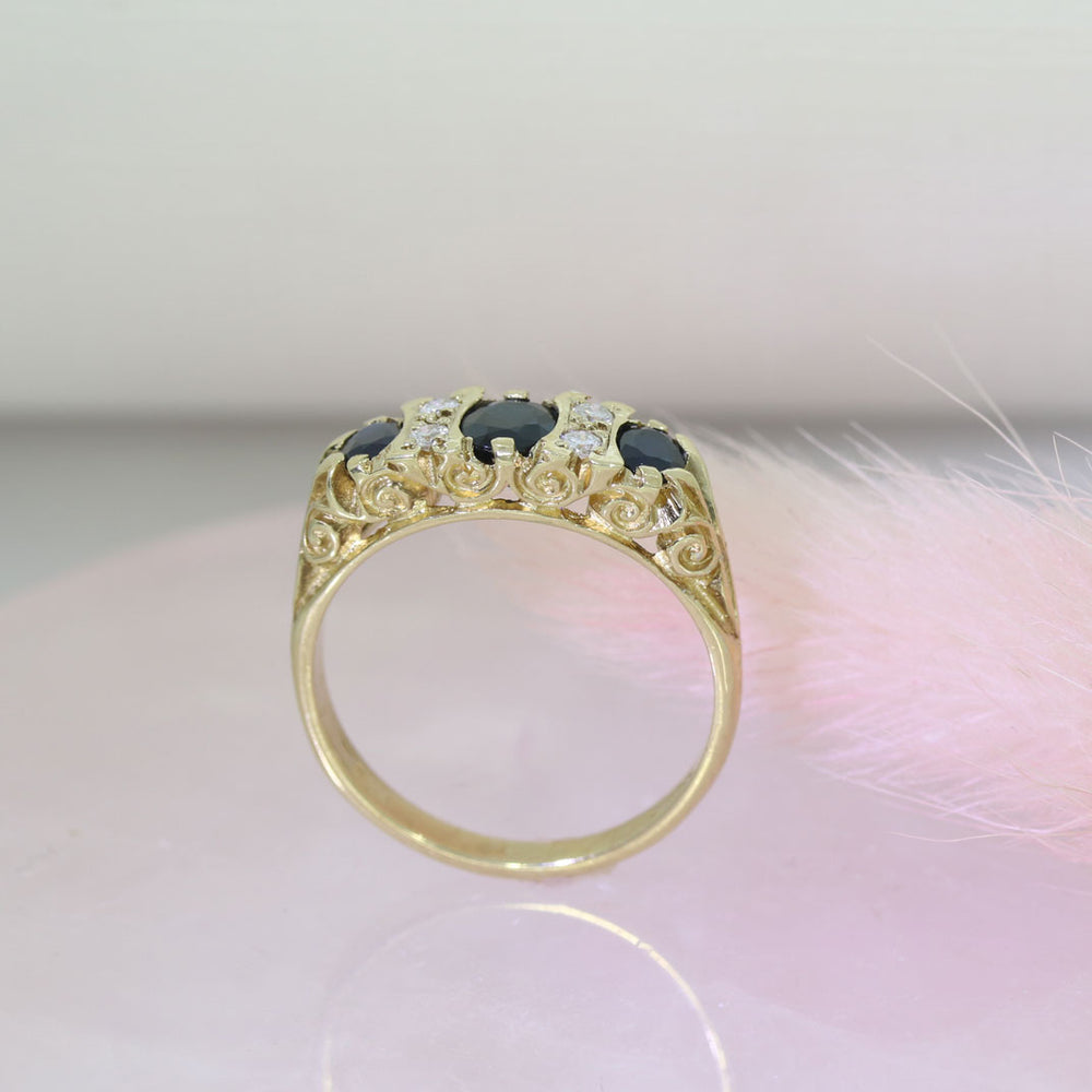 Pre Owned 9ct Yellow Gold Sapphire & Diamond Boat Ring