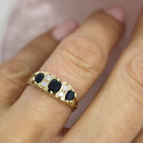 Pre Owned 9ct Yellow Gold Sapphire & Diamond Boat Ring