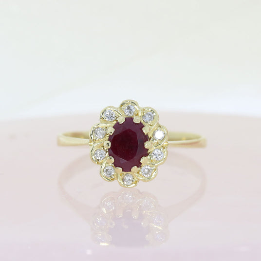 Pre Owned 18ct Yellow Gold Oval Ruby & Diamond Cluster Ring