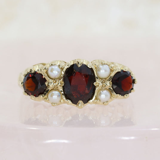 Pre Owned 9ct Yellow Gold Garnet & Seed Pearl Dress Ring