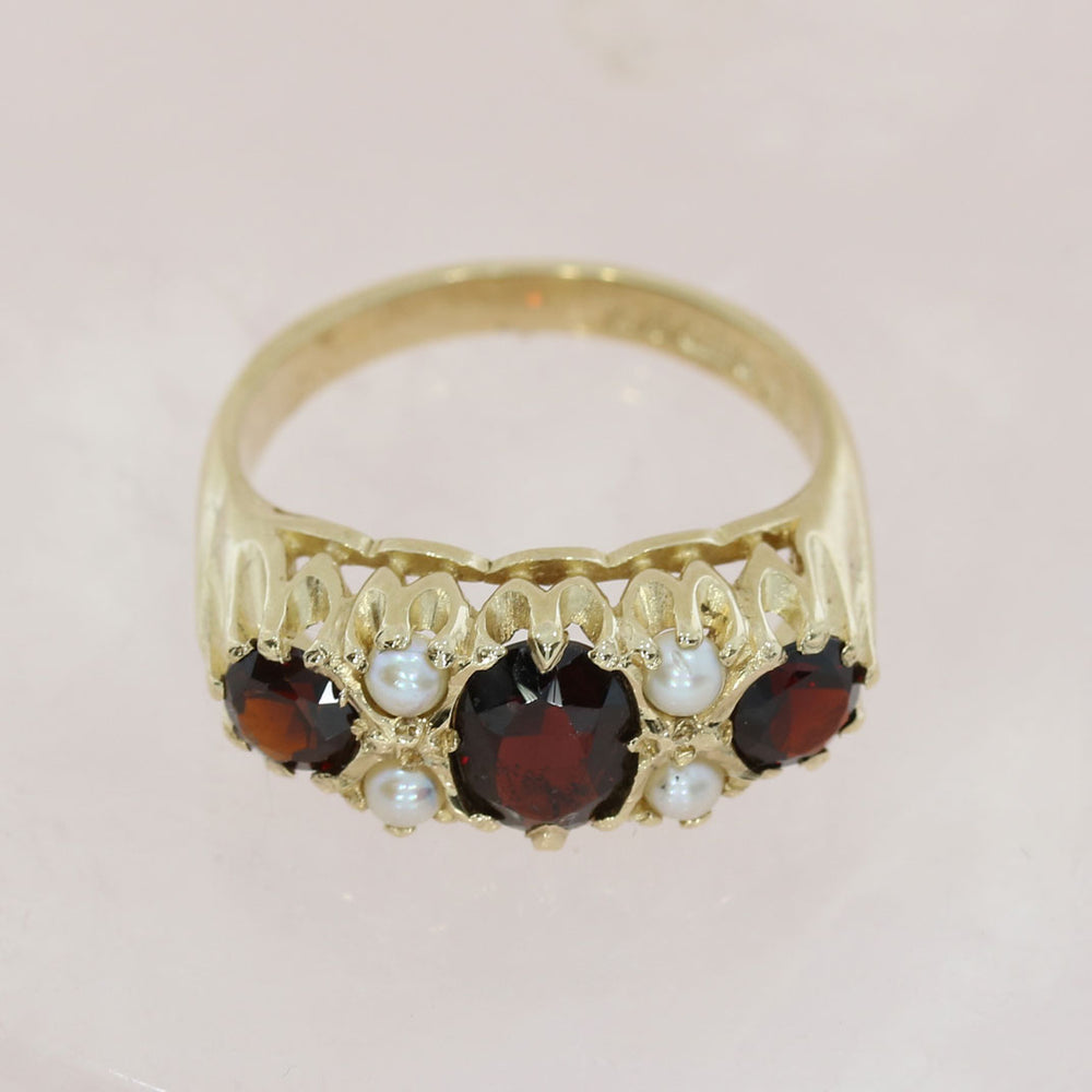 Pre Owned 9ct Yellow Gold Garnet & Seed Pearl Dress Ring