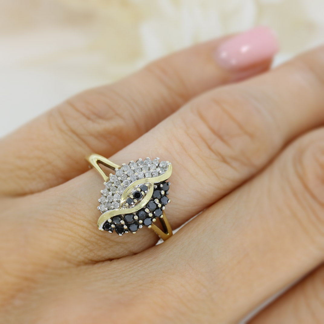 Pre Owned 9ct Yellow Gold Black & White Diamond Marquise Shape Cluster Ring