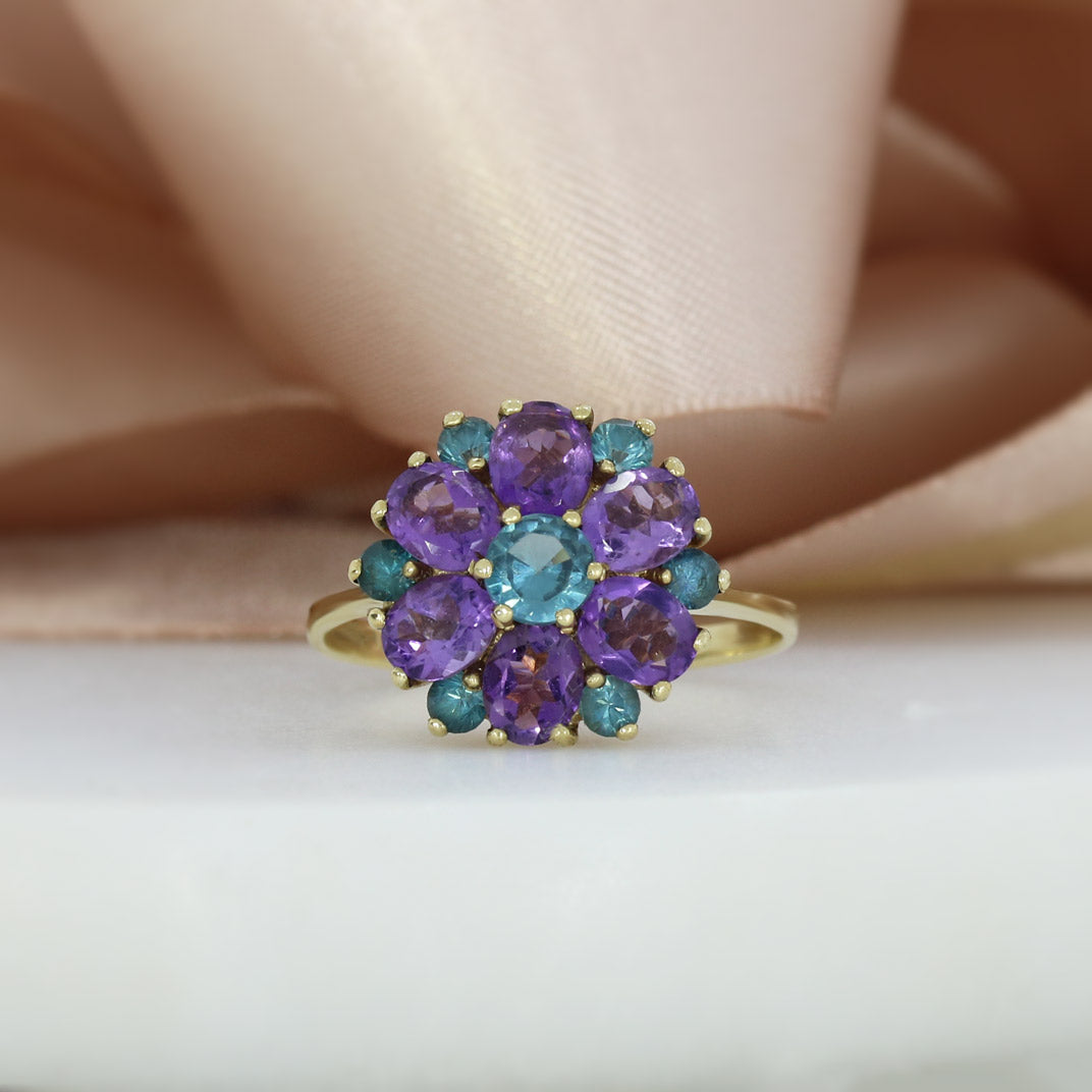 Pre Owned 9ct Yellow Gold Blue Topaz & Amethyst Flower Cluster Ring