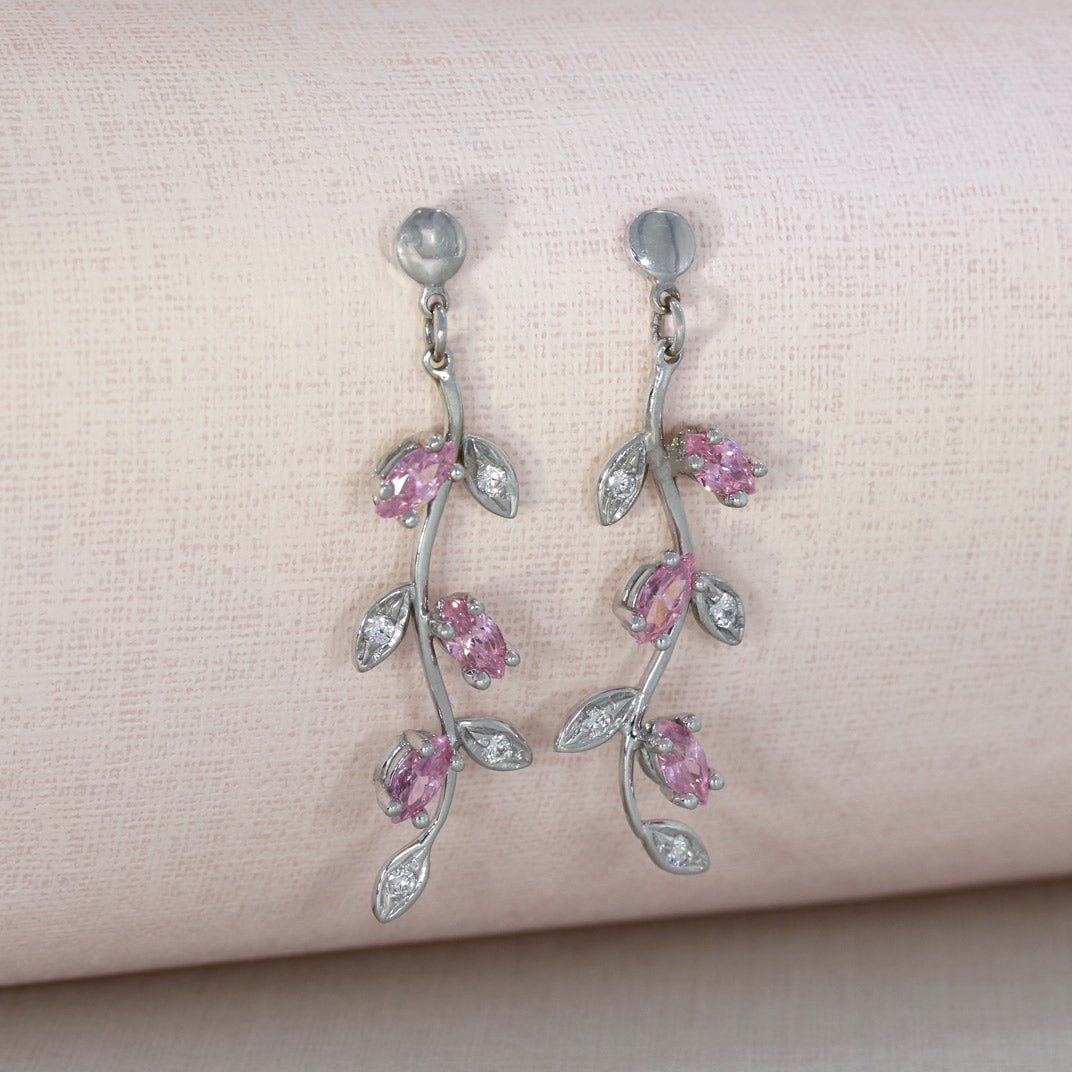 Pre Owned 9ct White Gold long Drop Earrings with Pink CZ.
