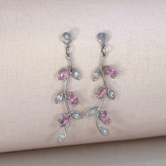 Pre Owned 9ct White Gold long Drop Earrings with Pink CZ.