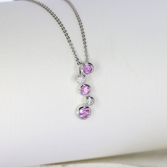 Pre Owned 18ct Gold Pink Sapphire & Diamond Bubble Style Drop Pendant & 18" Chain