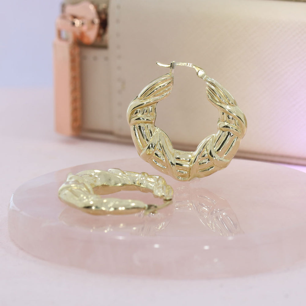 Pre Owned 9ct Yellow Gold Patterned Creole Hoop Earrings