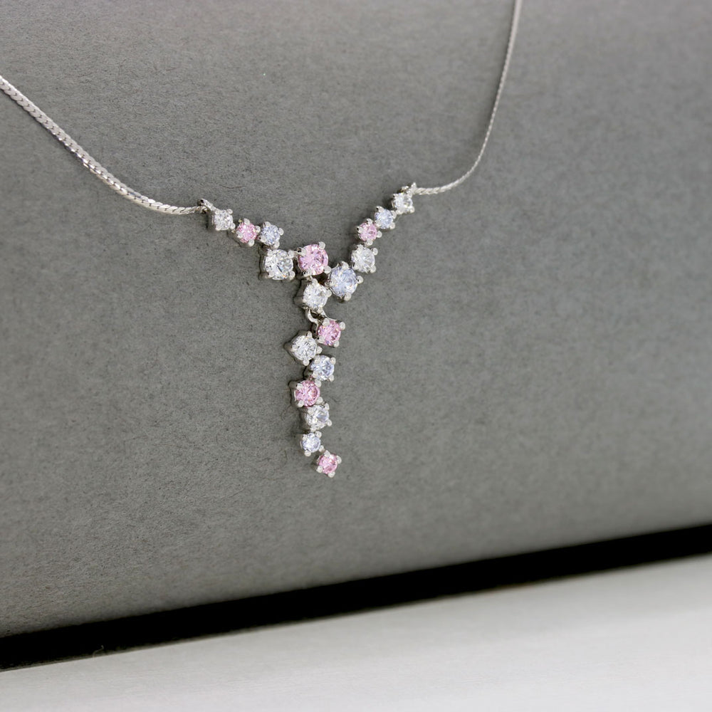 Pre Owned 9ct White Gold Snake Necklace with Pink & White CZ Drop Detail