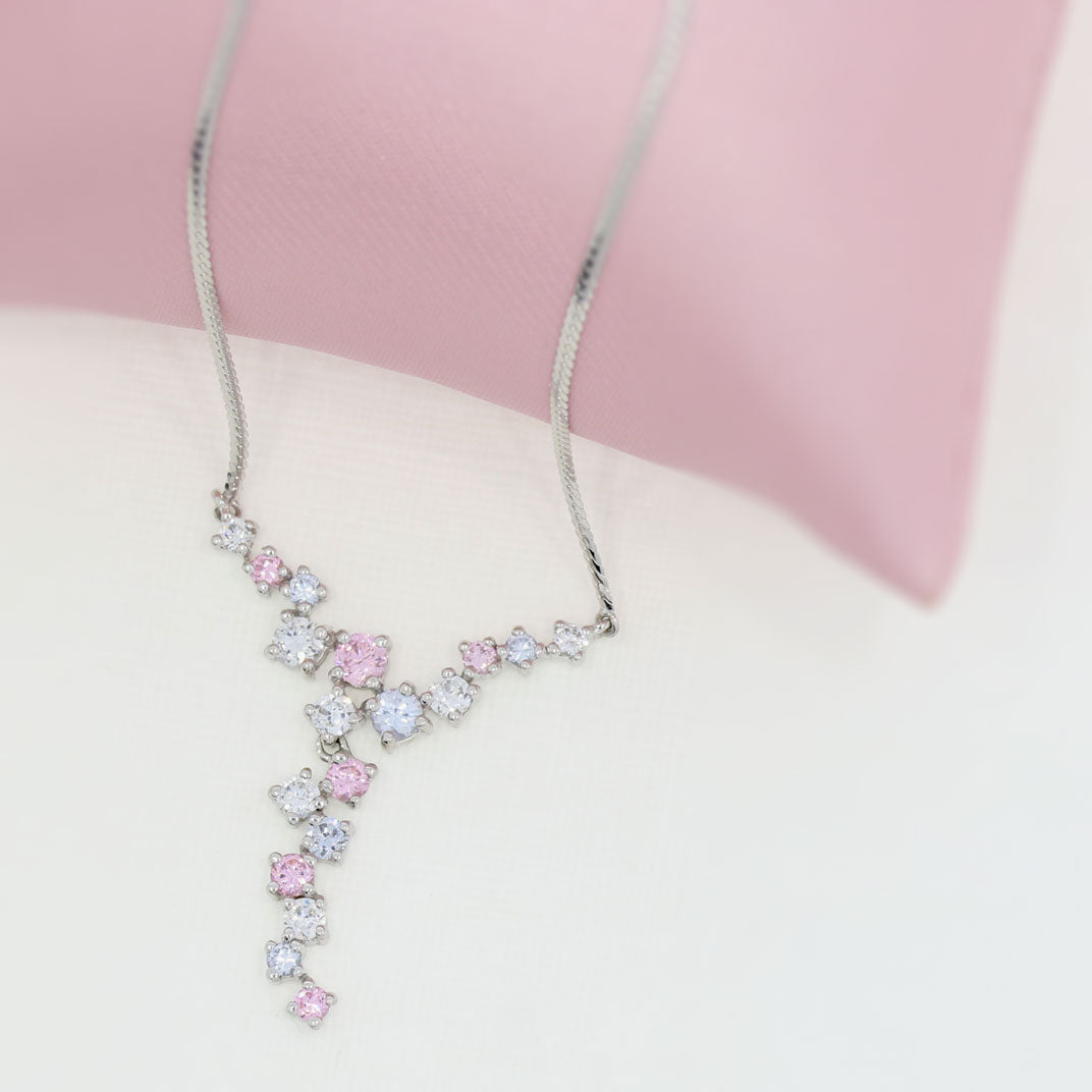 Pre Owned 9ct White Gold Snake Necklace with Pink & White CZ Drop Detail