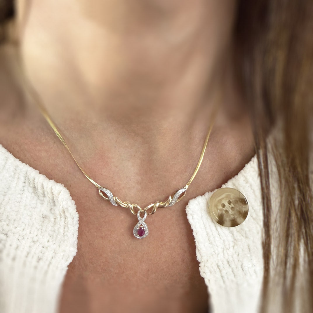 Pre Owned 9ct Yellow Gold Ruby & Diamond Necklace