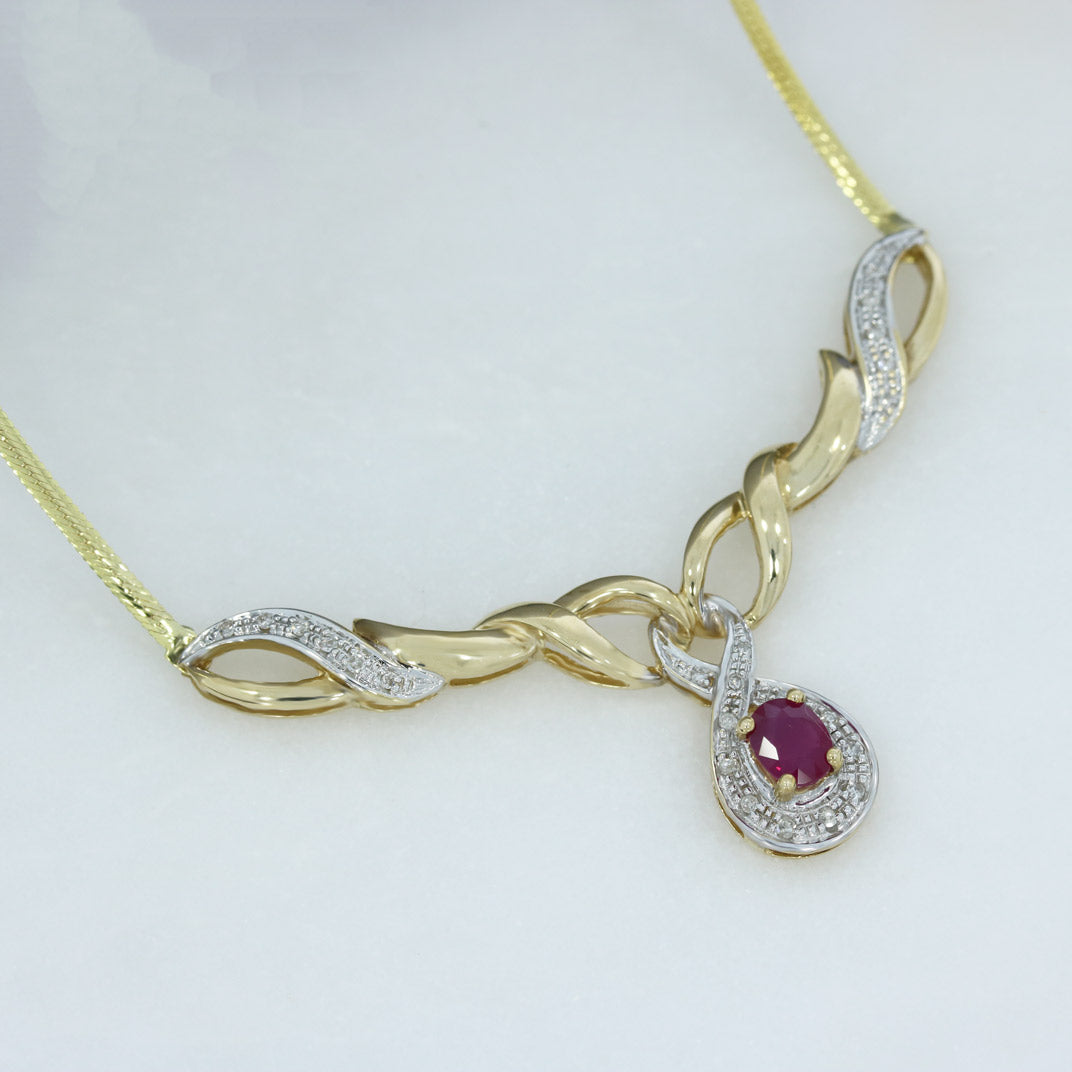 Pre Owned 9ct Yellow Gold Ruby & Diamond Necklace
