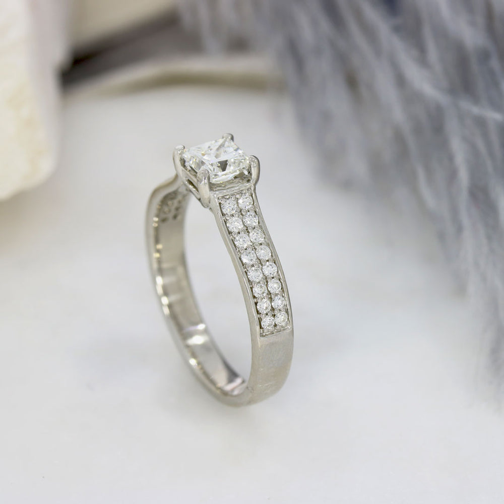 Pre Owned Platinum Princess Cut Diamond Solitaire Ring with Double Row Diamond Shoudlers