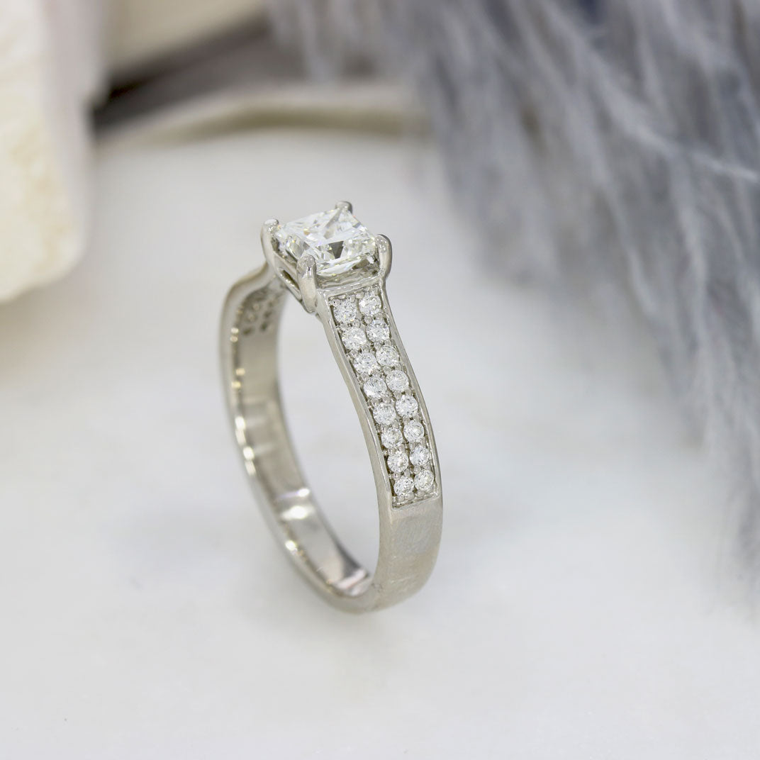 Pre Owned Platinum Princess Cut Diamond Solitaire Ring with Double Row Diamond Shoudlers