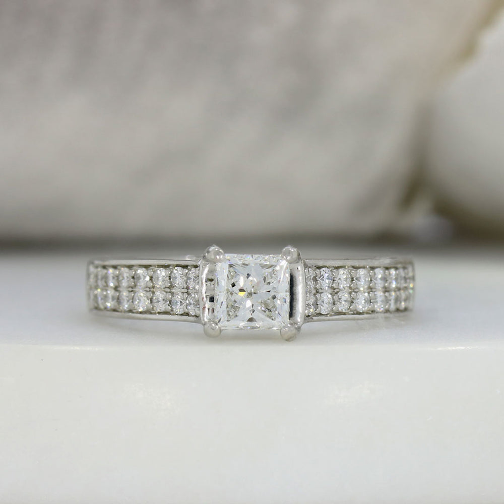 Pre Owned Platinum Princess Cut Diamond Solitaire Ring with Double Row Diamond Shoudlers