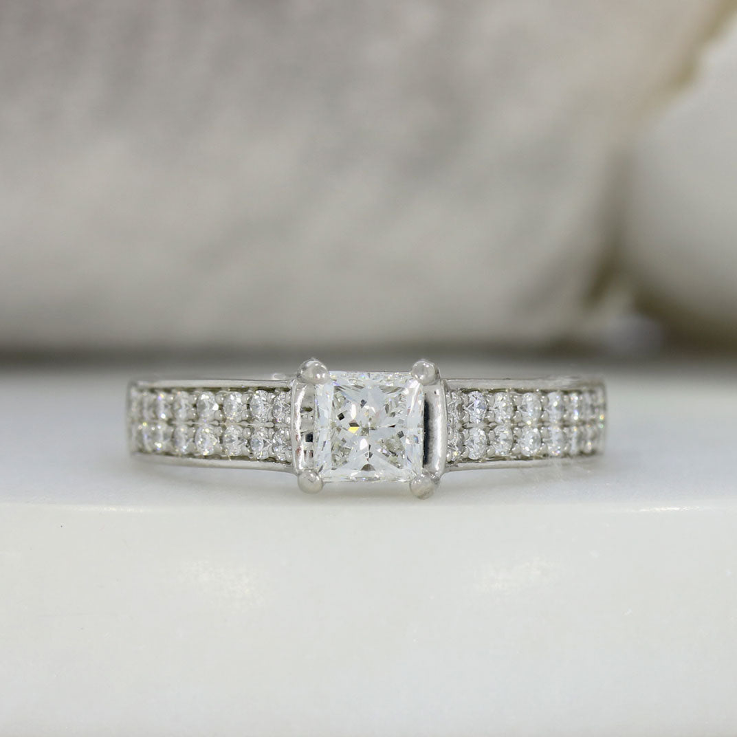 Pre Owned Platinum Princess Cut Diamond Solitaire Ring with Double Row Diamond Shoudlers