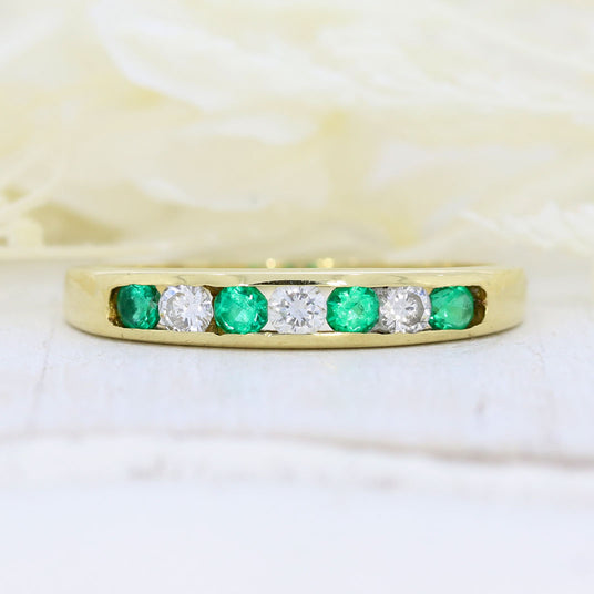 Pre Owned 18ct Yellow Gold Channel Set Emerald & Diamond Eternity Ring