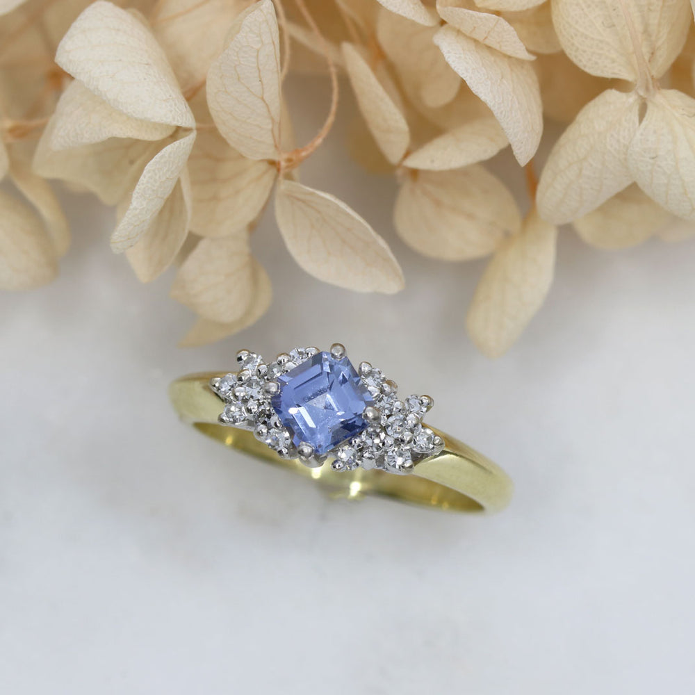 Pre Owned 18ct Yellow Gold Square Sapphire & Diamond Cluster Ring