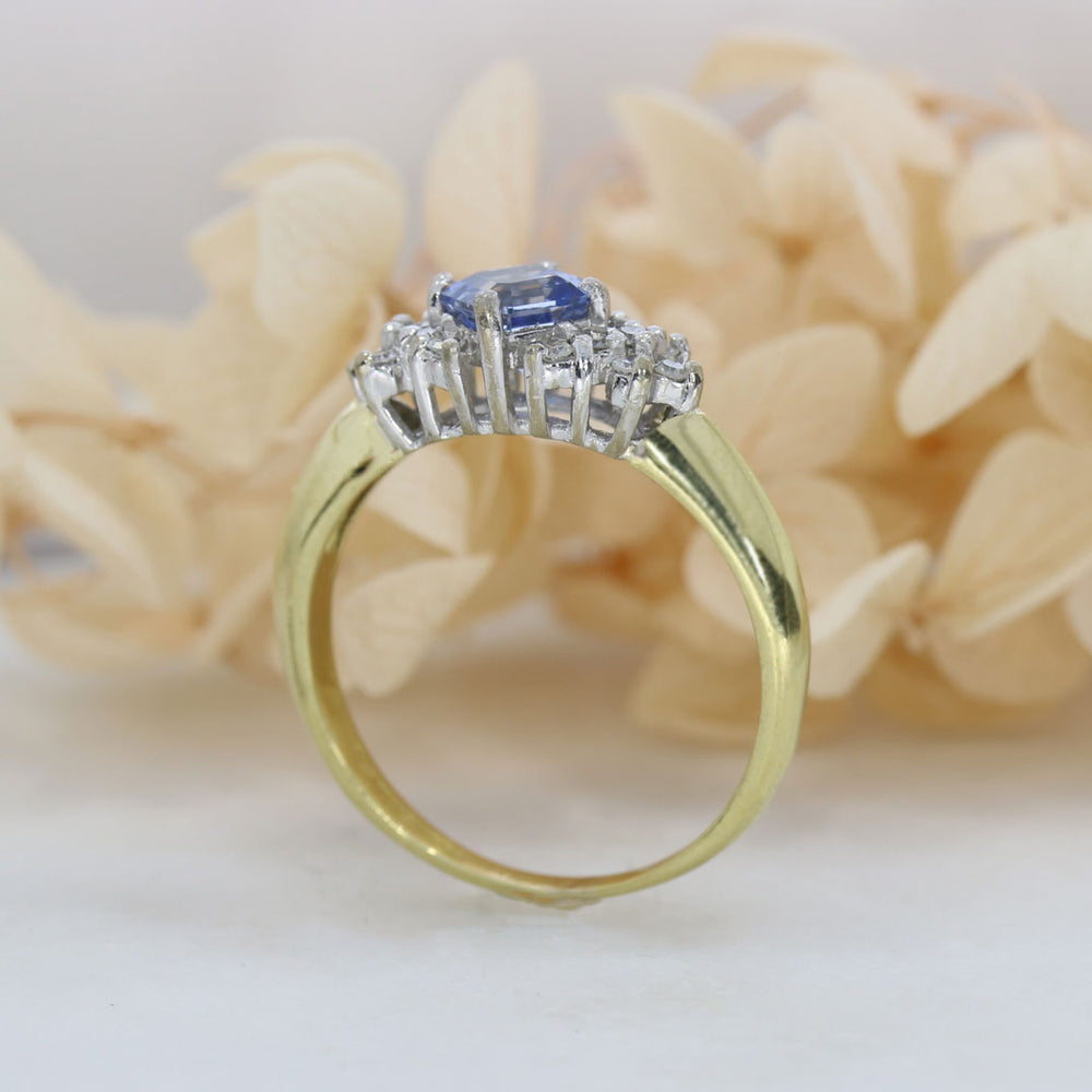 Pre Owned 18ct Yellow Gold Square Sapphire & Diamond Cluster Ring