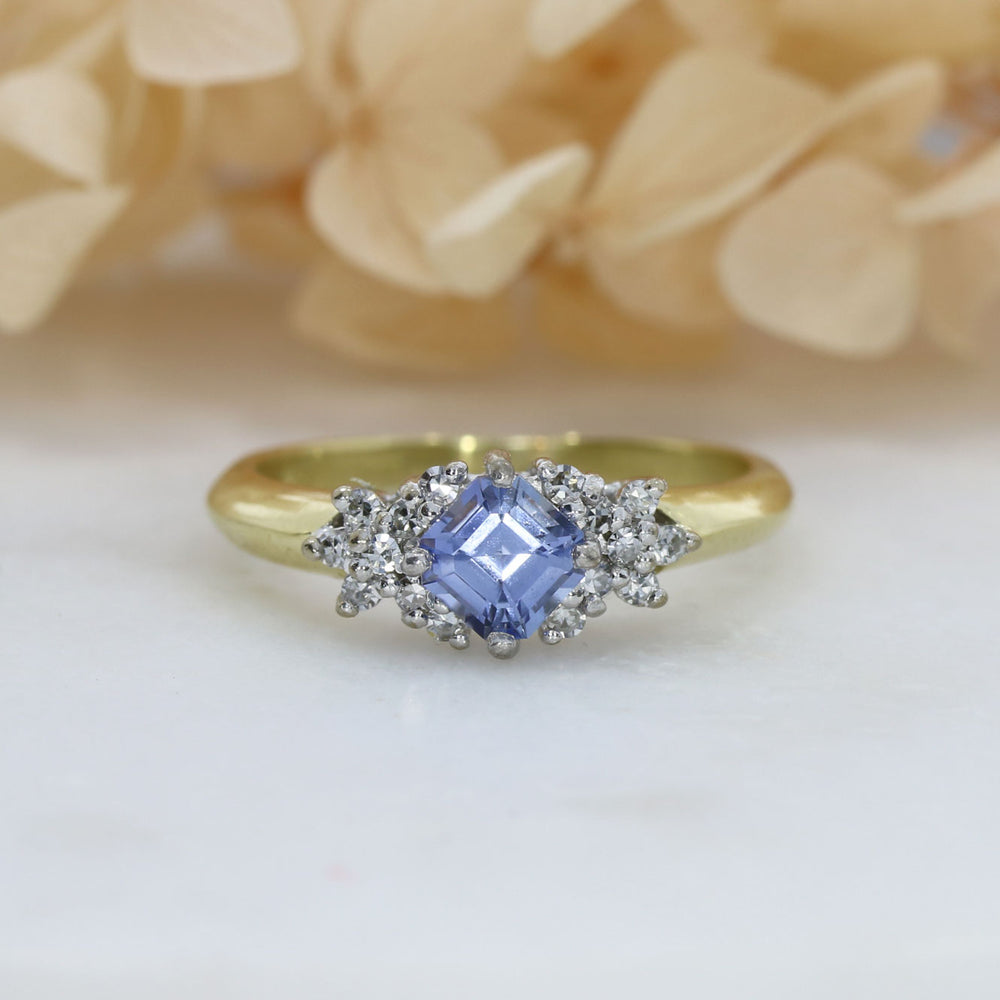 Pre Owned 18ct Yellow Gold Square Sapphire & Diamond Cluster Ring