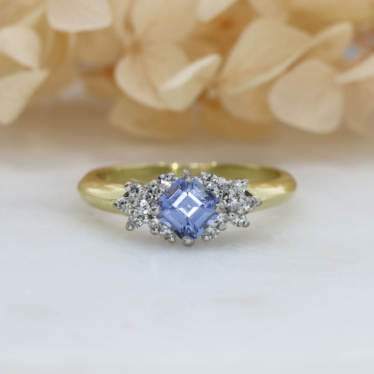 Pre Owned 18ct Yellow Gold Square Sapphire & Diamond Cluster Ring
