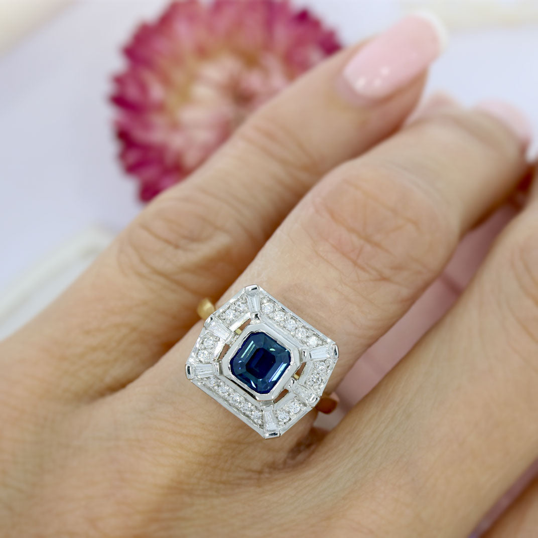 18ct Yellow & White Gold Square Sapphire Diamond Cluster Ring