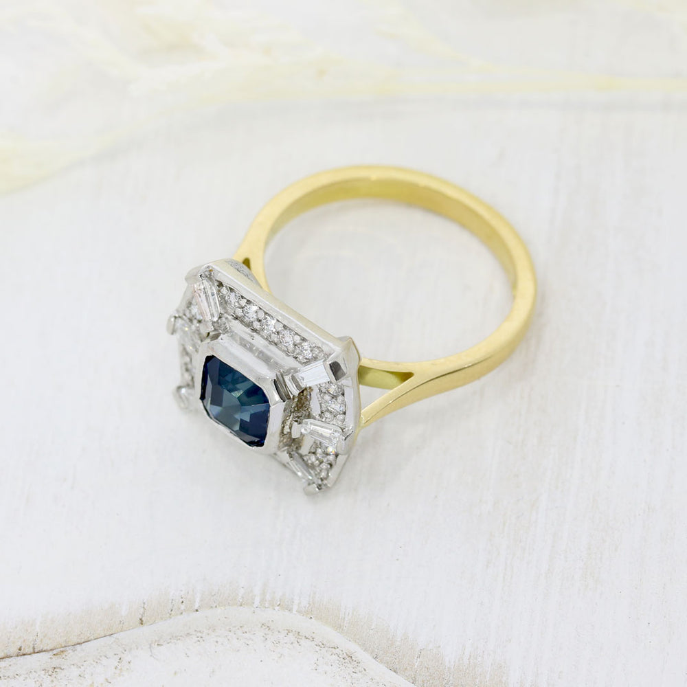 18ct Yellow & White Gold Square Sapphire Diamond Cluster Ring