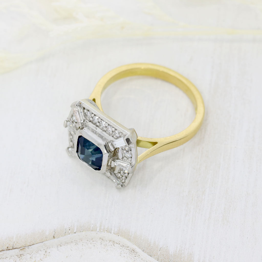 18ct Yellow & White Gold Square Sapphire Diamond Cluster Ring