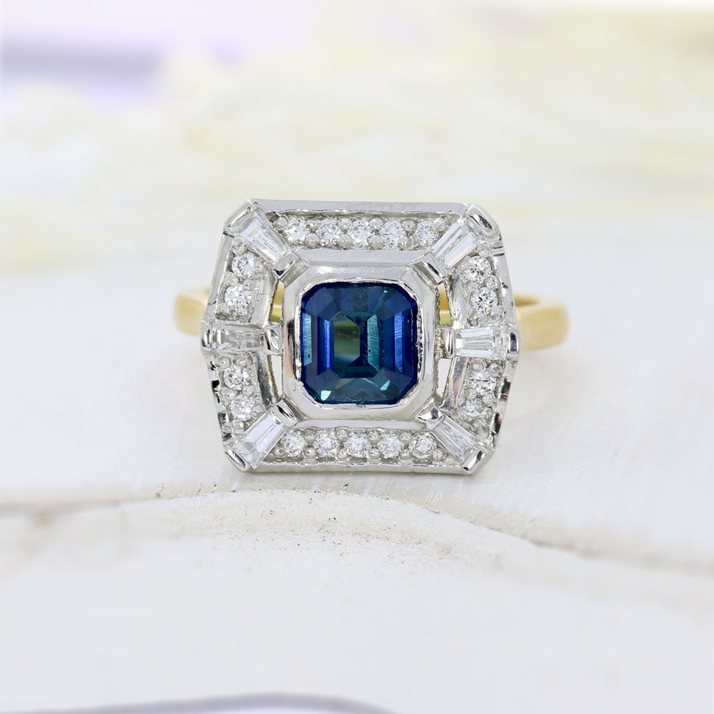 18ct Yellow & White Gold Square Sapphire Diamond Cluster Ring