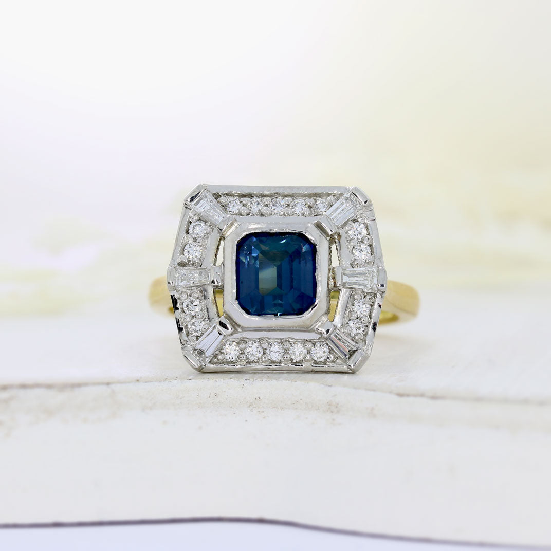 18ct Yellow & White Gold Square Sapphire Diamond Cluster Ring