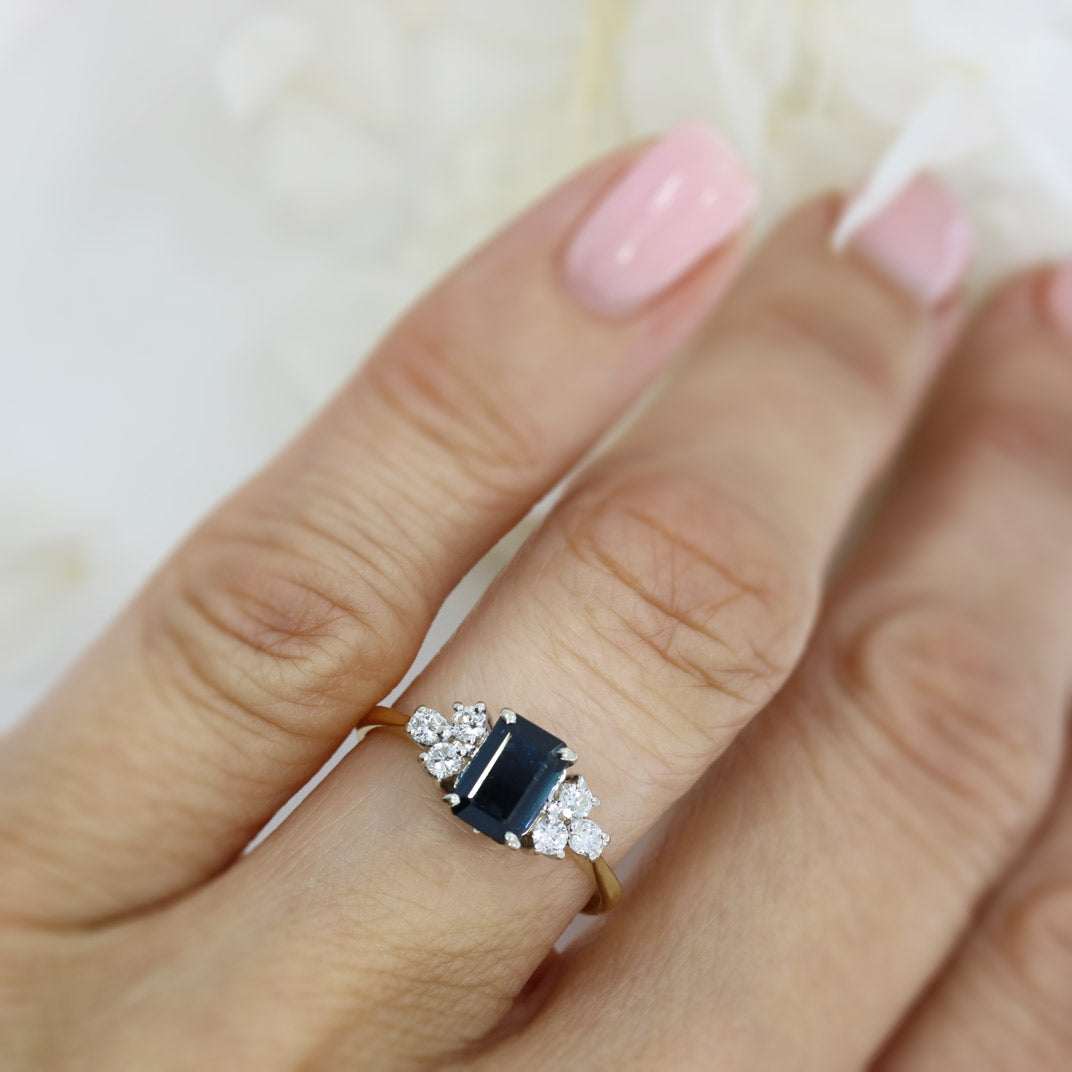 Pre Owned 18ct Yellow Gold Emerald Cut Sapphire & Diamond Cluster Ring