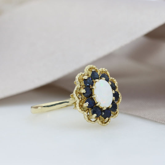 Pre Owned 9ct Yellow Gold Oval Opal & Sapphire Custer Ring