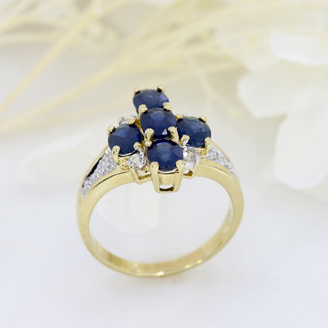 Pre Owned 9ct Yellow Gold Sapphire & Diamond Flower Cluster Ring