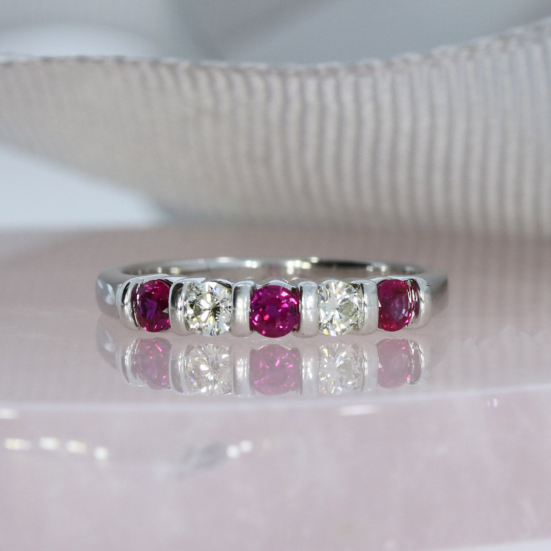Pre Owned 9ct White Gold 5 Stone Ruby & Diamond 5 Stone Ring
