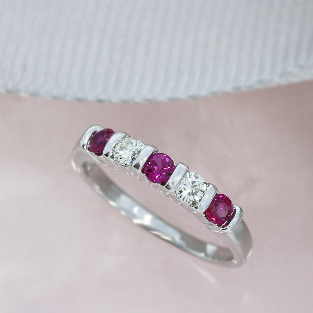 Pre Owned 9ct White Gold 5 Stone Ruby & Diamond 5 Stone Ring