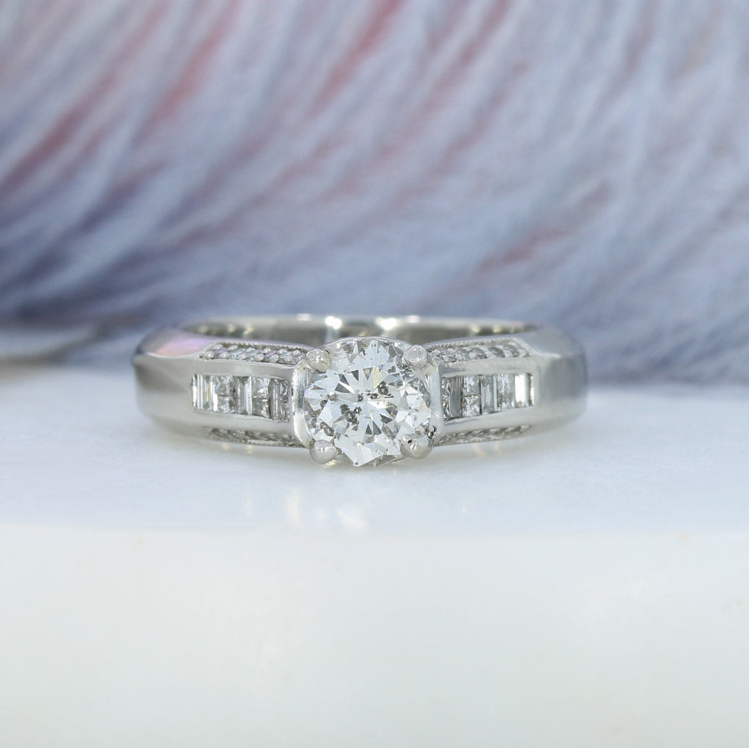 Pre Owned Platinum Diamond Solitaire Ring with Fancy Diamond Shoulders