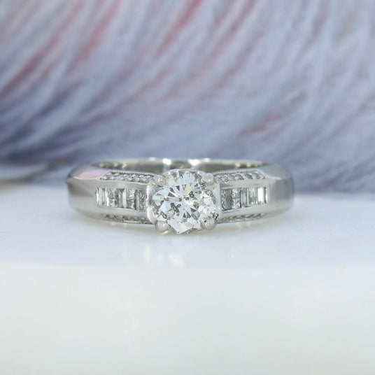 Pre Owned Platinum Diamond Solitaire Ring with Fancy Diamond Shoulders