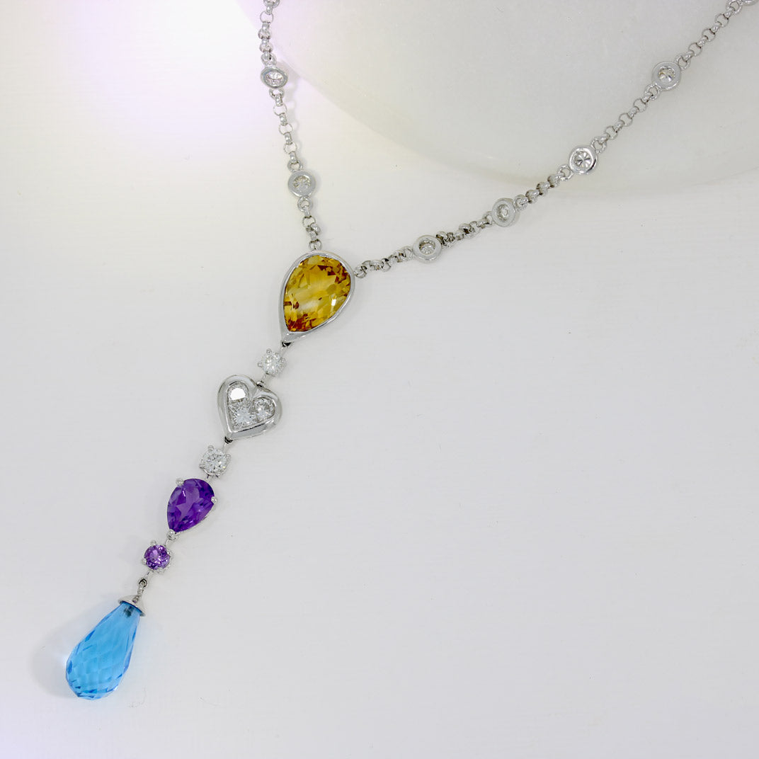 Pre Owned 18ct White Gold Multi Gemstone & Natural Diamond Necklace