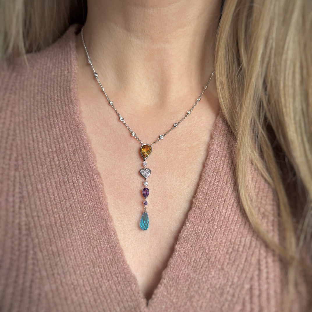 Pre Owned 18ct White Gold Multi Gemstone & Natural Diamond Necklace