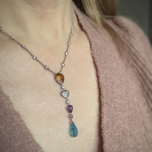 Pre Owned 18ct White Gold Multi Gemstone & Natural Diamond Necklace