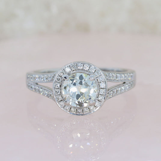 Pre Owned 18ct White Gold Diamond Halo Ring with Diamond Set Split Shoulders 1.12ct