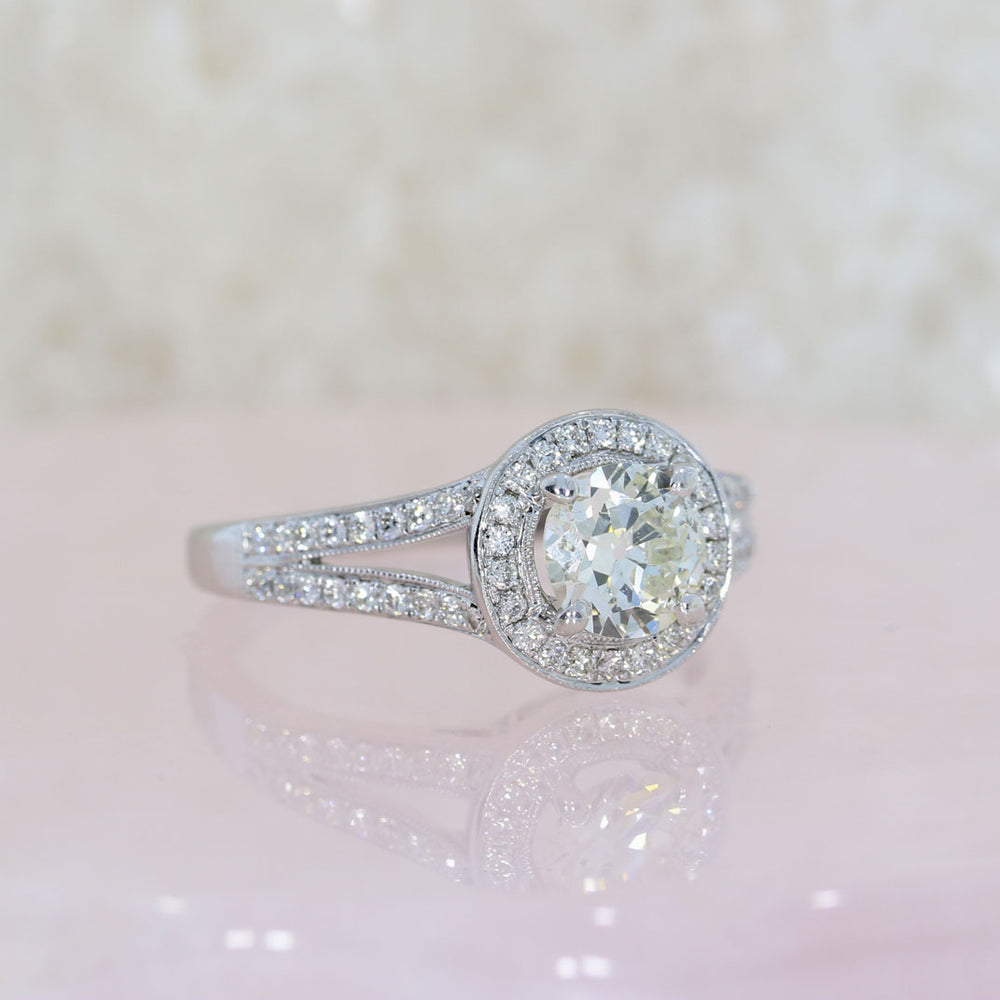 Pre Owned 18ct White Gold Diamond Halo Ring with Diamond Set Split Shoulders 1.12ct