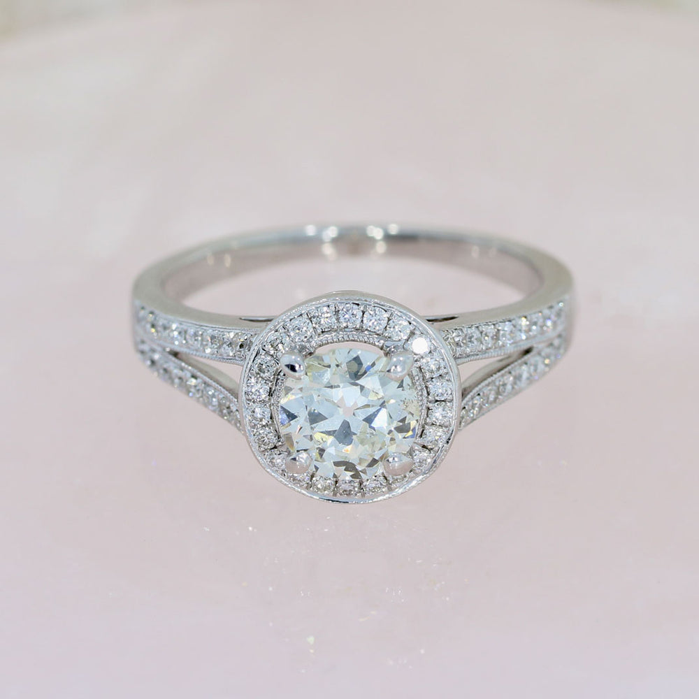 Pre Owned 18ct White Gold Diamond Halo Ring with Diamond Set Split Shoulders 1.12ct