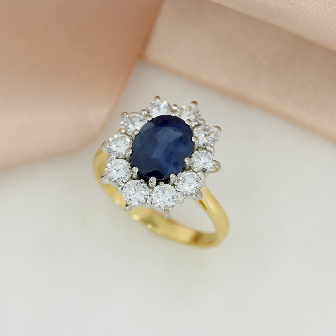 Pre Owned 18ct Yellow Gold Large Claw Set Oval Sapphire & Diamond Cluster Ring