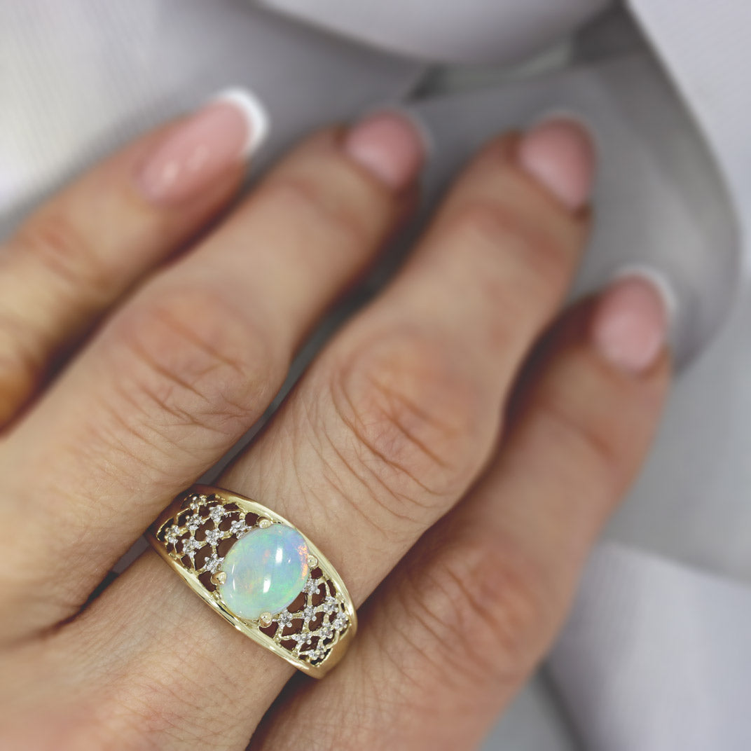 Pre Owned 9ct Yellow Gold Oval Opal Dress Ring & Diamond Fancy Ring