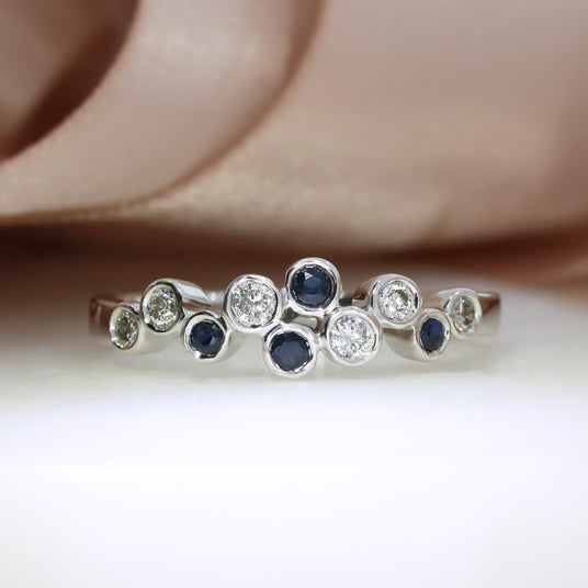 Pre Owned 9ct White Gold Sapphire & Diamond Delicate Bubble Ring