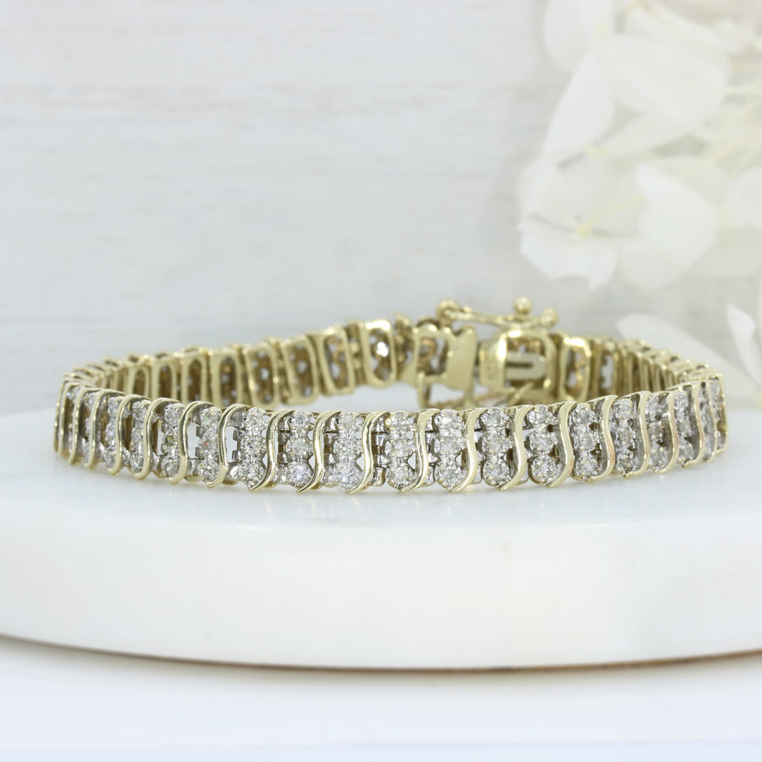 Pre Owned 9ct Yellow & White Gold Illusion Set Diamond Bracelet with Safety Chain